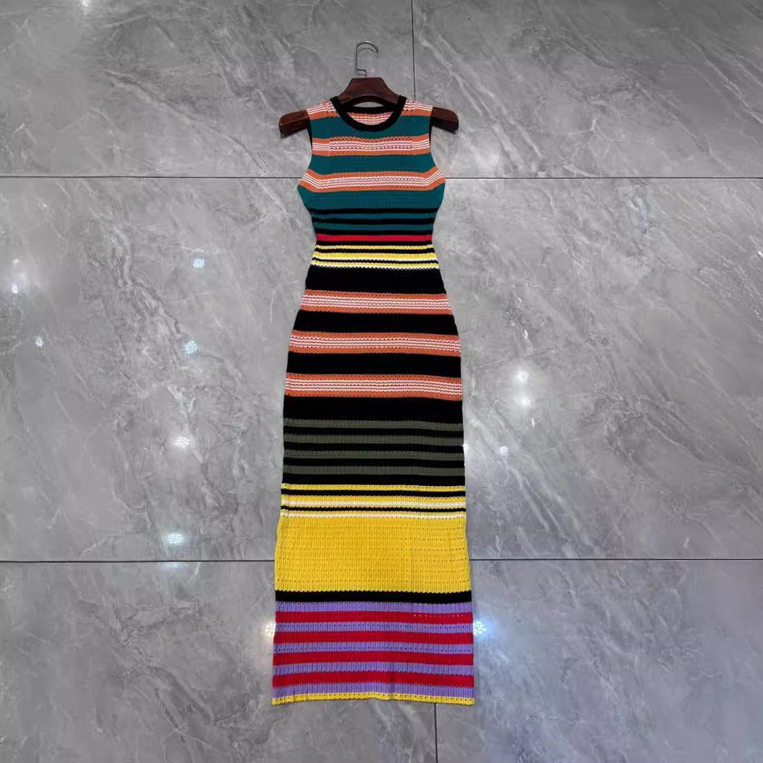 Colorful horizontal striped jacquard woven slim fitting sleeveless knitted dress