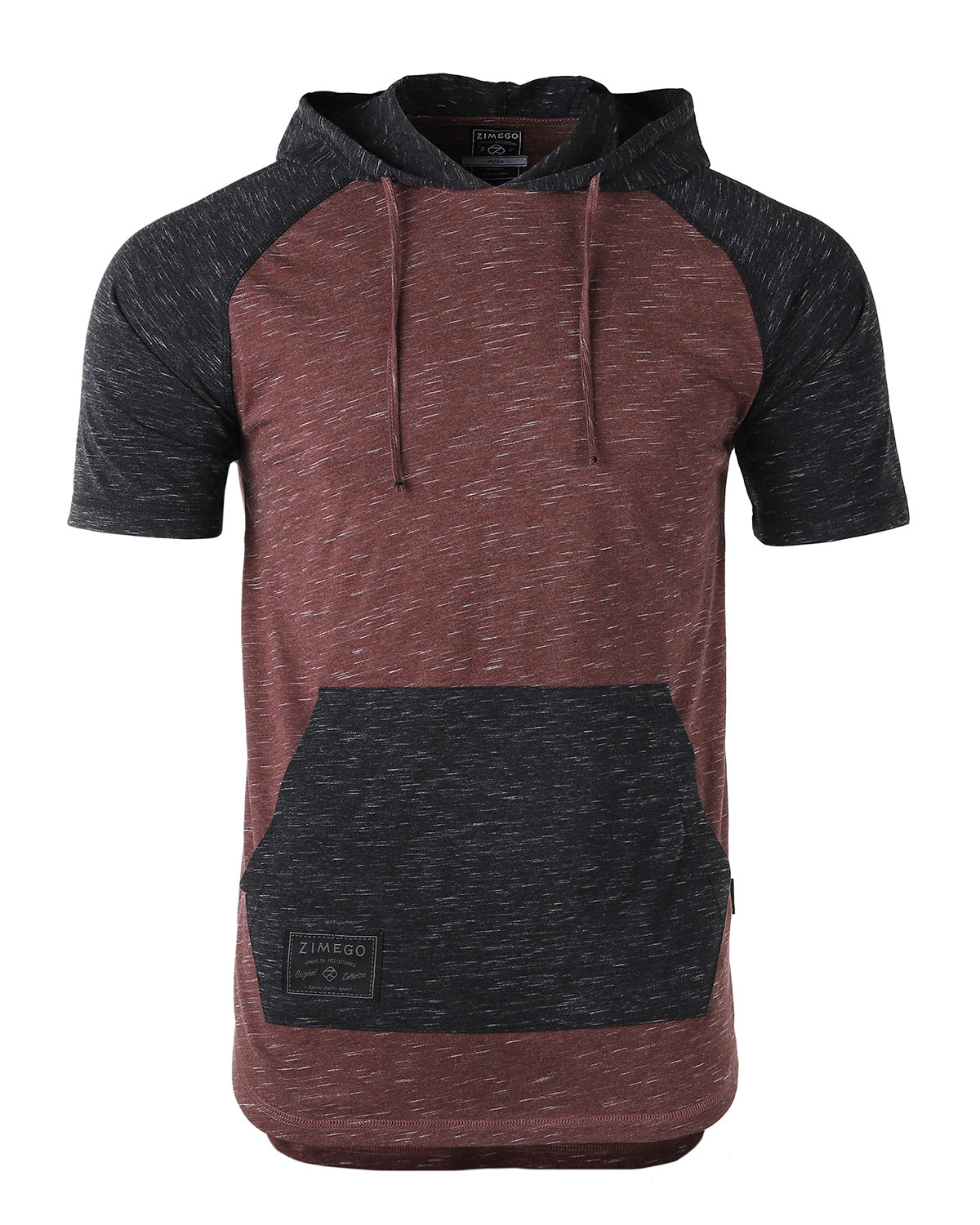 ZIMEGO Men's Short SleeveRaglan Hoodie With Curved Hem - Black / Maroon