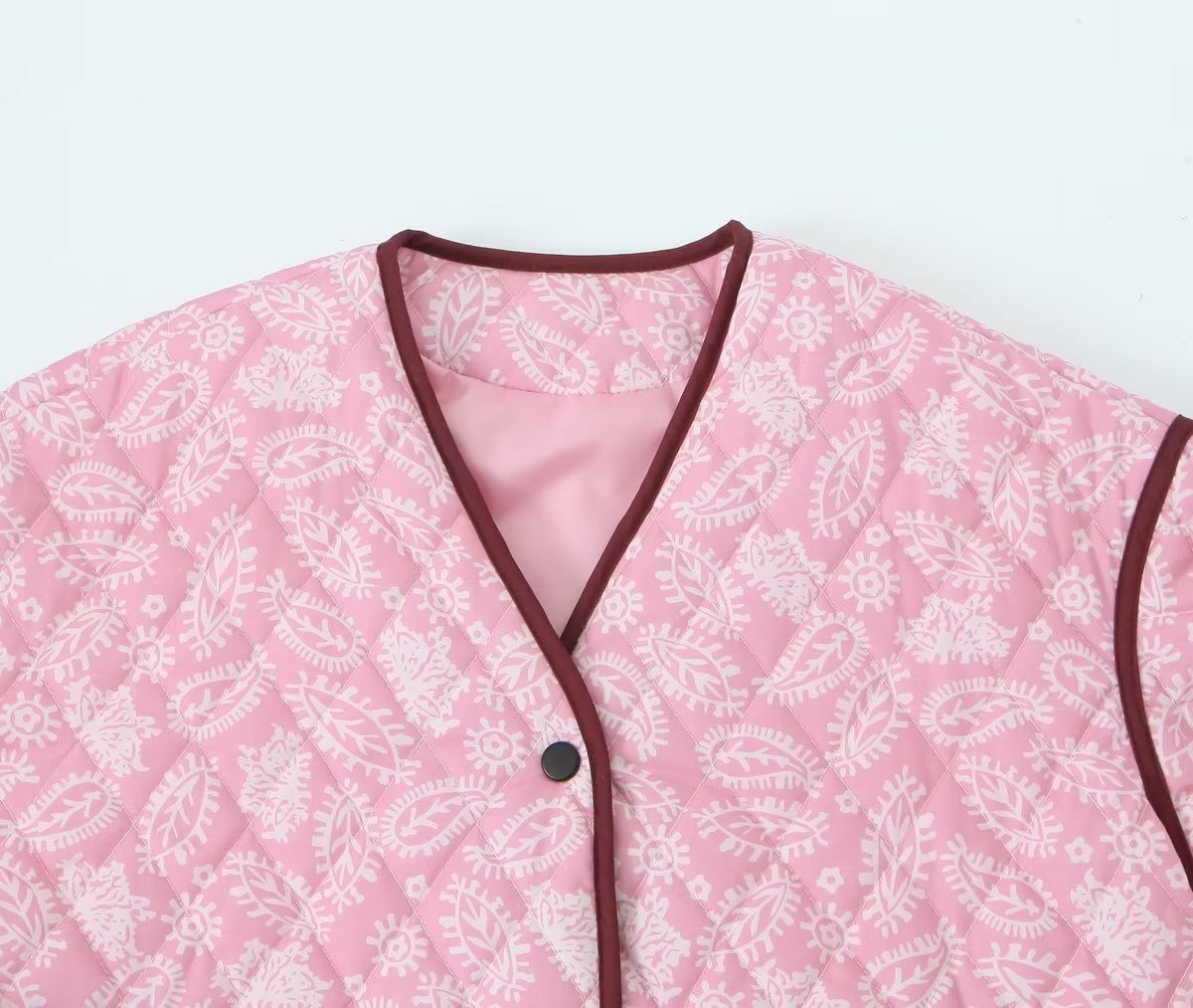 Fashionable pink V-neck printed loose casual patchwork cotton jacket