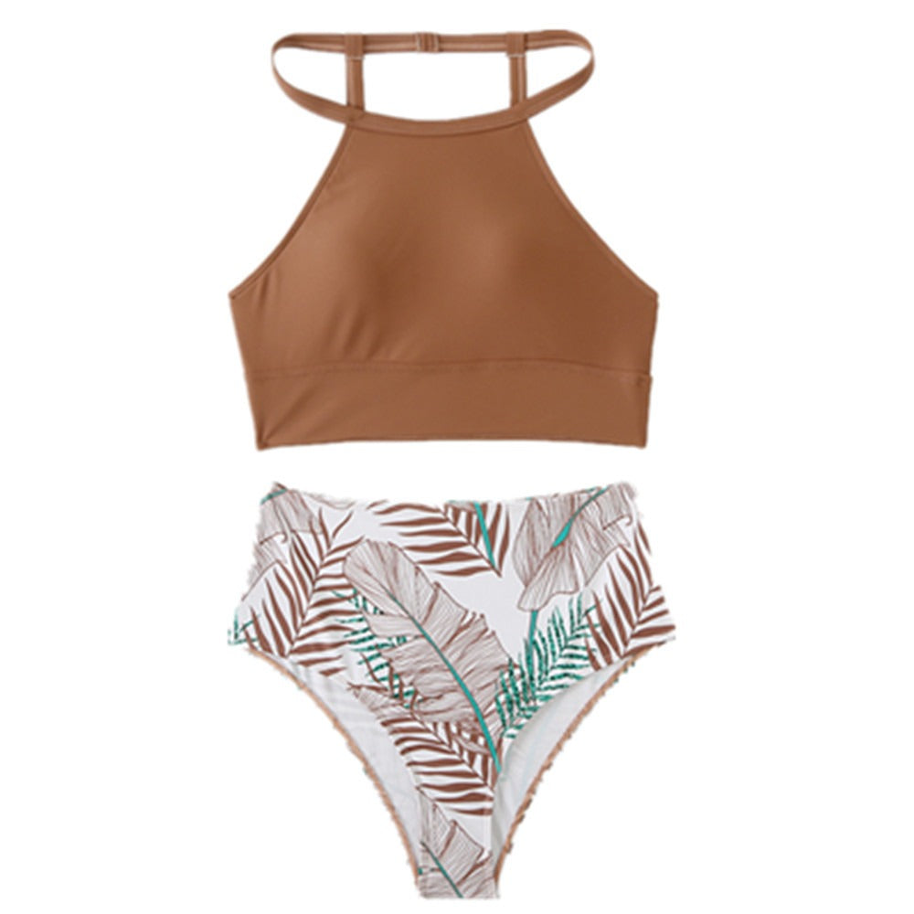 Swimsuit high waisted leaf print solid color hanging neck belly pocket