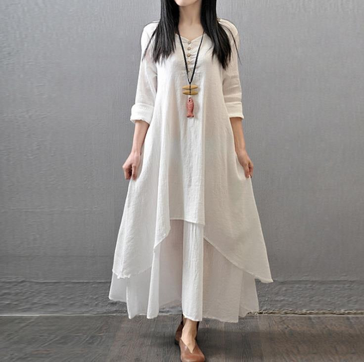 Fake two-piece long skirt, artistic and grand linen dress, loose long sleeved cotton and linen skirt