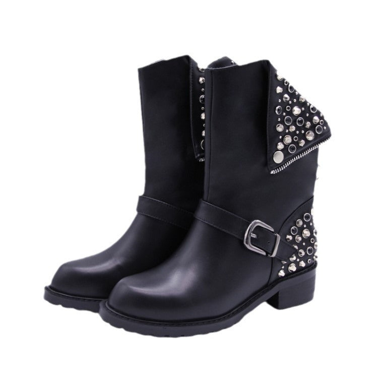 Rivet punk women's leather boots and shoes