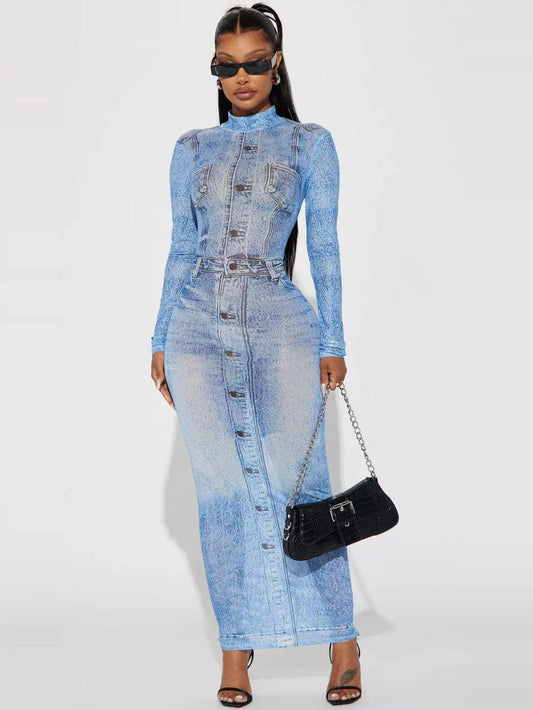 Imitation denim print temperament bag hip long sleeved high neck dress