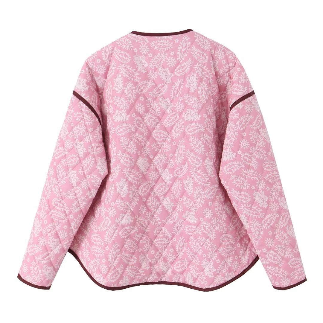 Fashionable pink V-neck printed loose casual patchwork cotton jacket