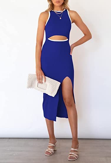 Mid length dress with round neck and sleeveless vest, split ribbed tight fitting dress for women