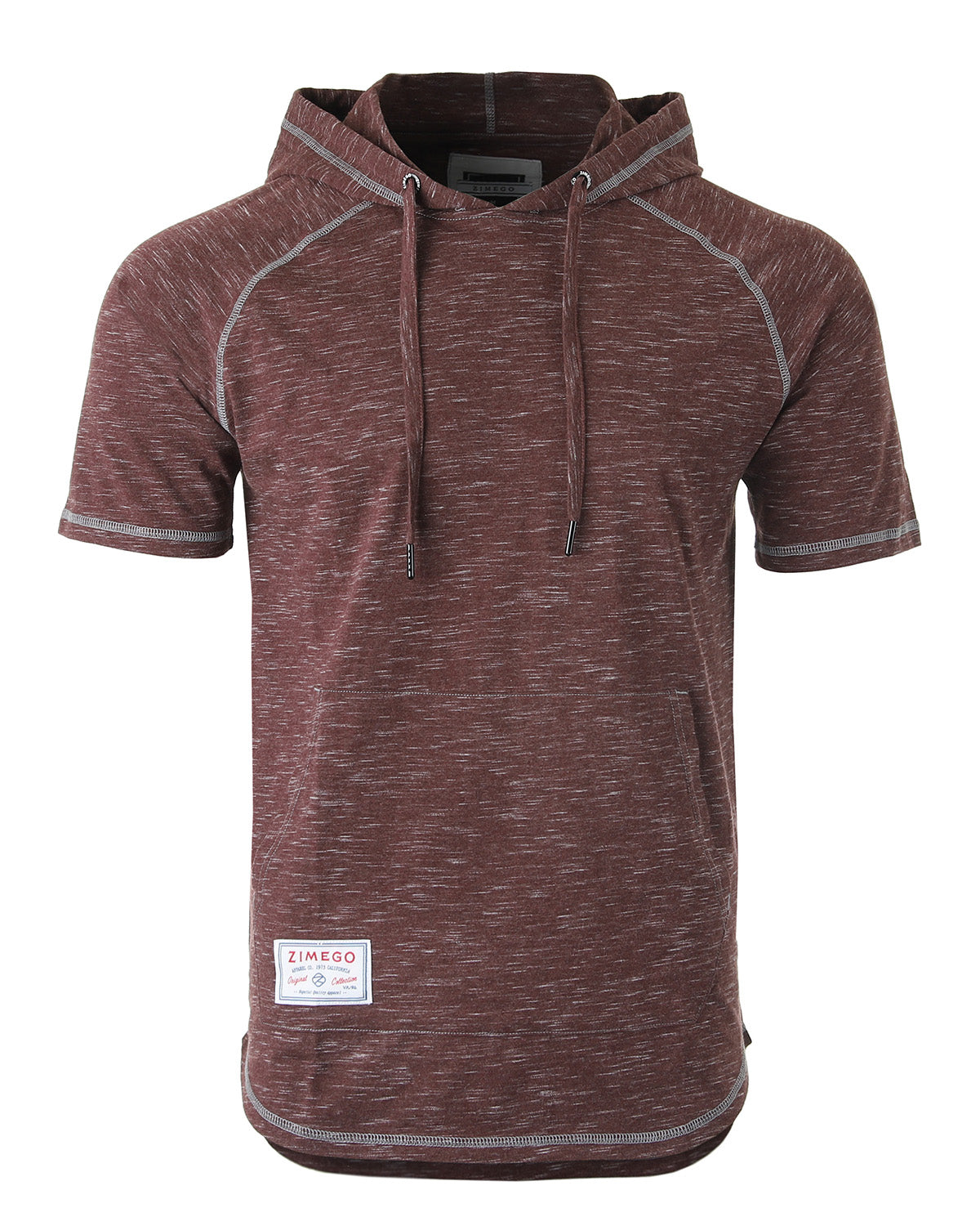 ZIMEGO Men's Short SleeveRaglan Hoodie With Curved Hem - Black / Maroon