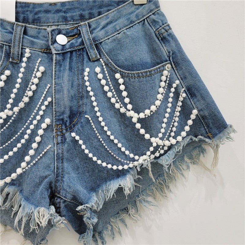 High waisted slimming European station heavy industry rhinestone tassel edge wide leg hot pants