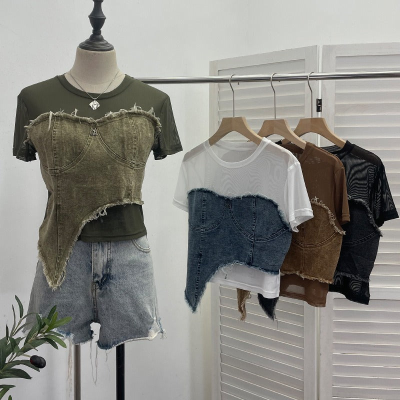 Cowboy patchwork mesh short sleeved t-shirt summer outfit irregular high waisted slim fit top