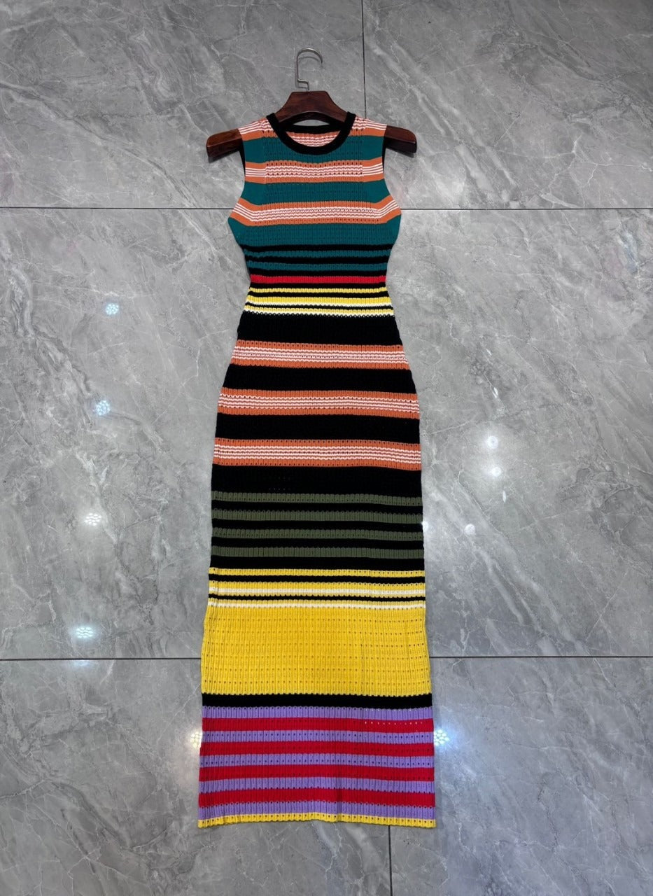 Colorful horizontal striped jacquard woven slim fitting sleeveless knitted dress