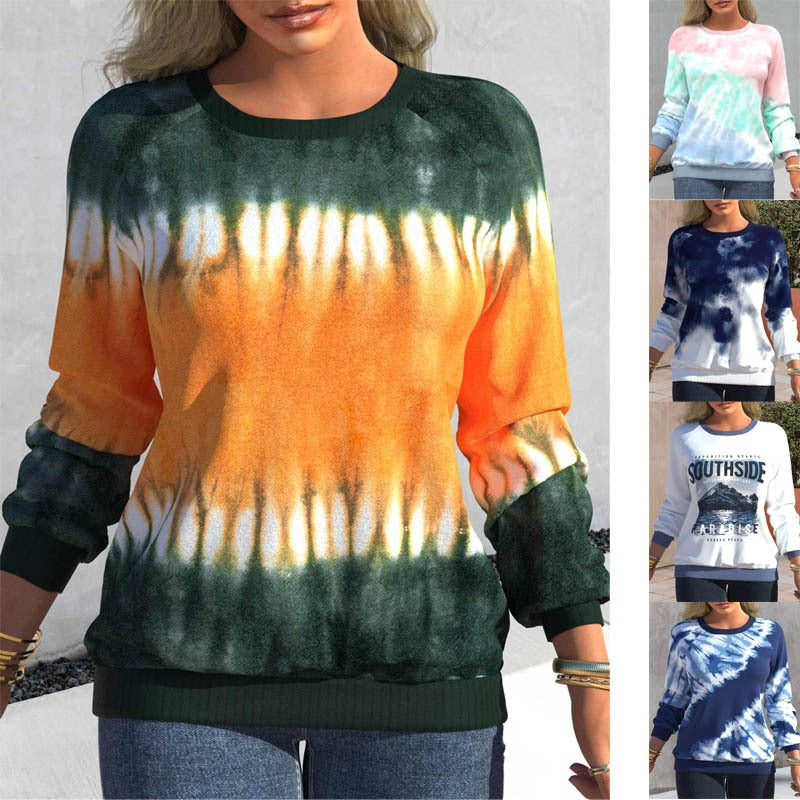 Round neck shoulder long sleeved casual loose tie dyed printed top