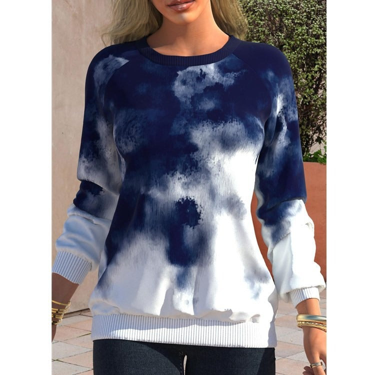 Round neck shoulder long sleeved casual loose tie dyed printed top