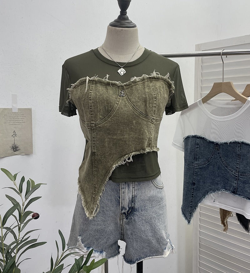 Cowboy patchwork mesh short sleeved t-shirt summer outfit irregular high waisted slim fit top