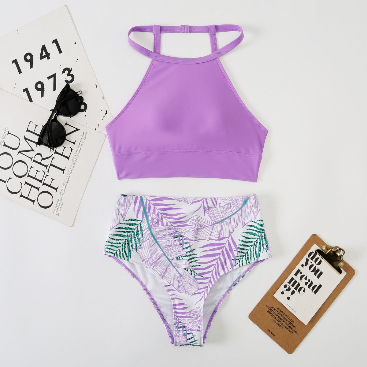 Swimsuit high waisted leaf print solid color hanging neck belly pocket