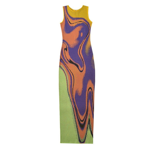 Multi color abstract jacquard knitted dress with design sense, slim fit, hip hugging, round neck, sleeveless vest skirt