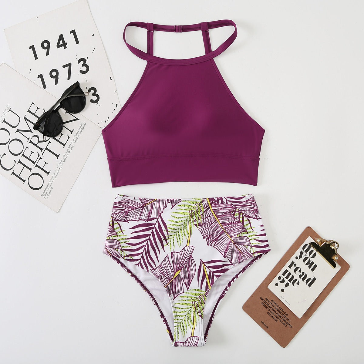 Swimsuit high waisted leaf print solid color hanging neck belly pocket