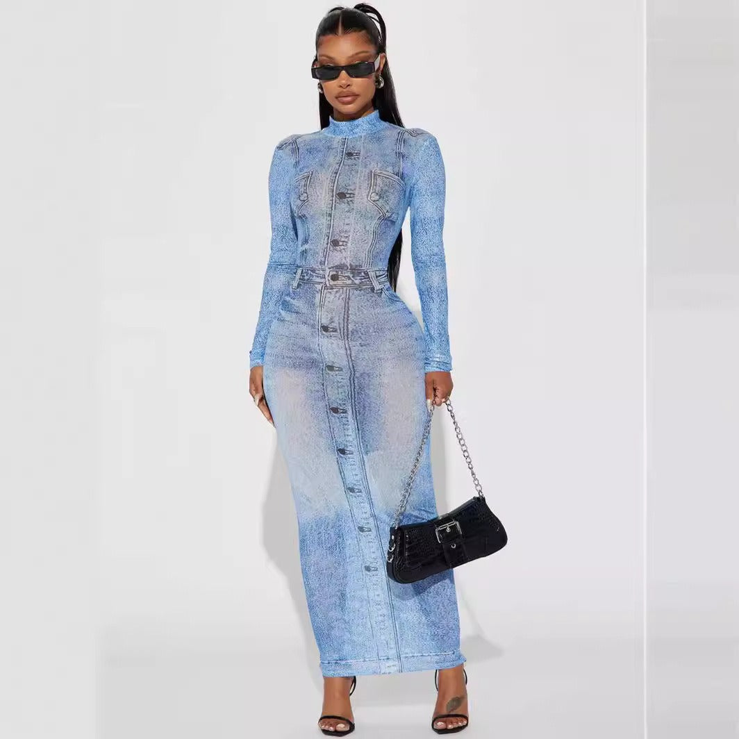 Imitation denim print temperament bag hip long sleeved high neck dress