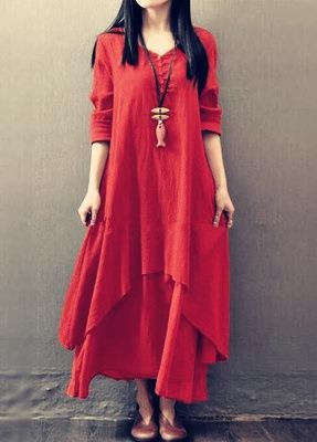 Fake two-piece long skirt, artistic and grand linen dress, loose long sleeved cotton and linen skirt