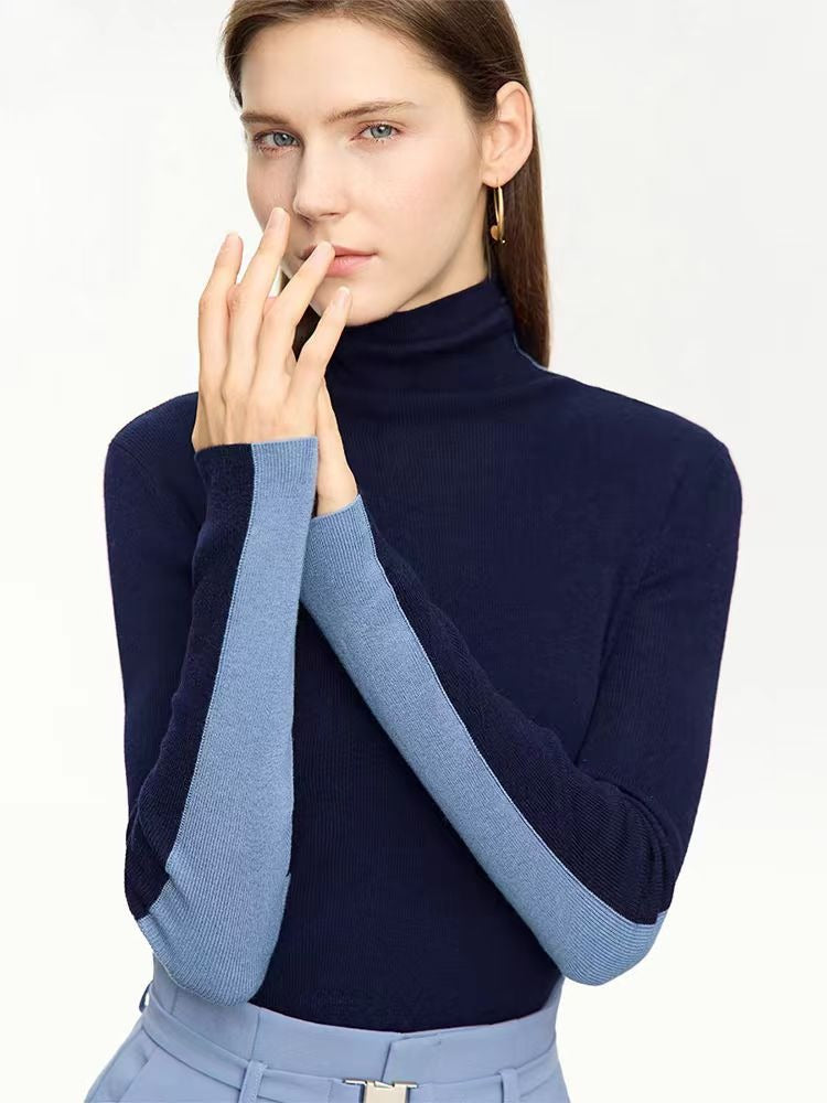 Double sided high neck knitted wool sweater women's color blocked knitted sweater temperament