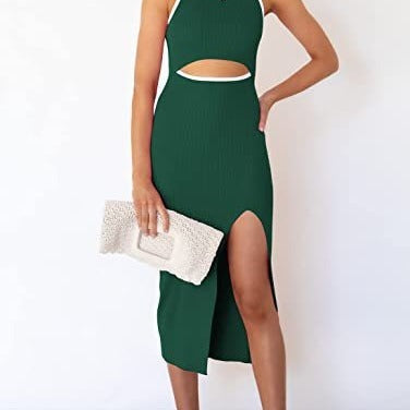 Mid length dress with round neck and sleeveless vest, split ribbed tight fitting dress for women