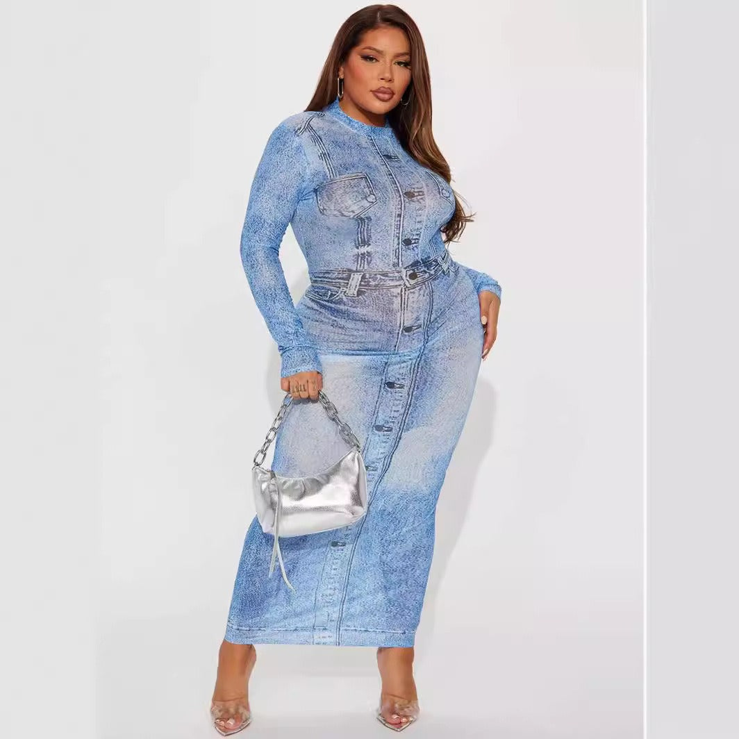 Imitation denim print temperament bag hip long sleeved high neck dress