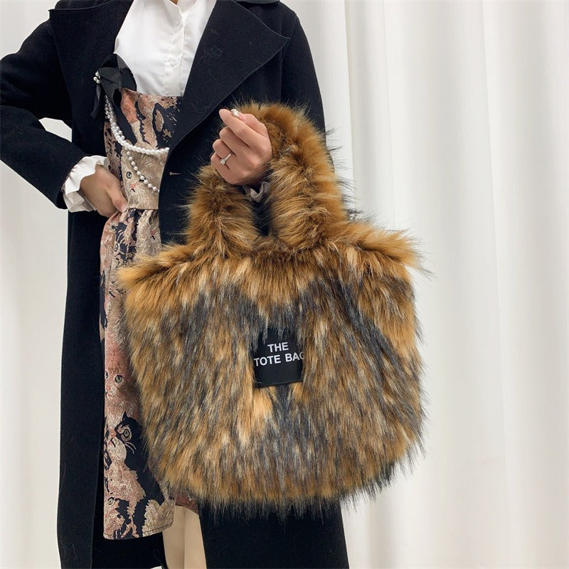 Crossbody Tote Bag Imitation Raccoon Fur Grass Plush Large Capacity Tote Bag Personalized Retro