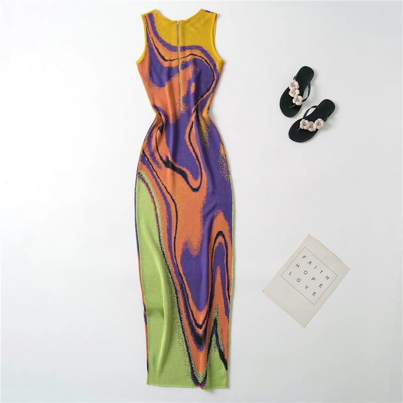 Multi color abstract jacquard knitted dress with design sense, slim fit, hip hugging, round neck, sleeveless vest skirt