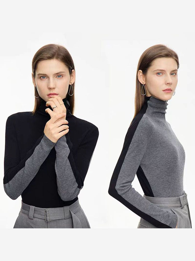 Double sided high neck knitted wool sweater women's color blocked knitted sweater temperament