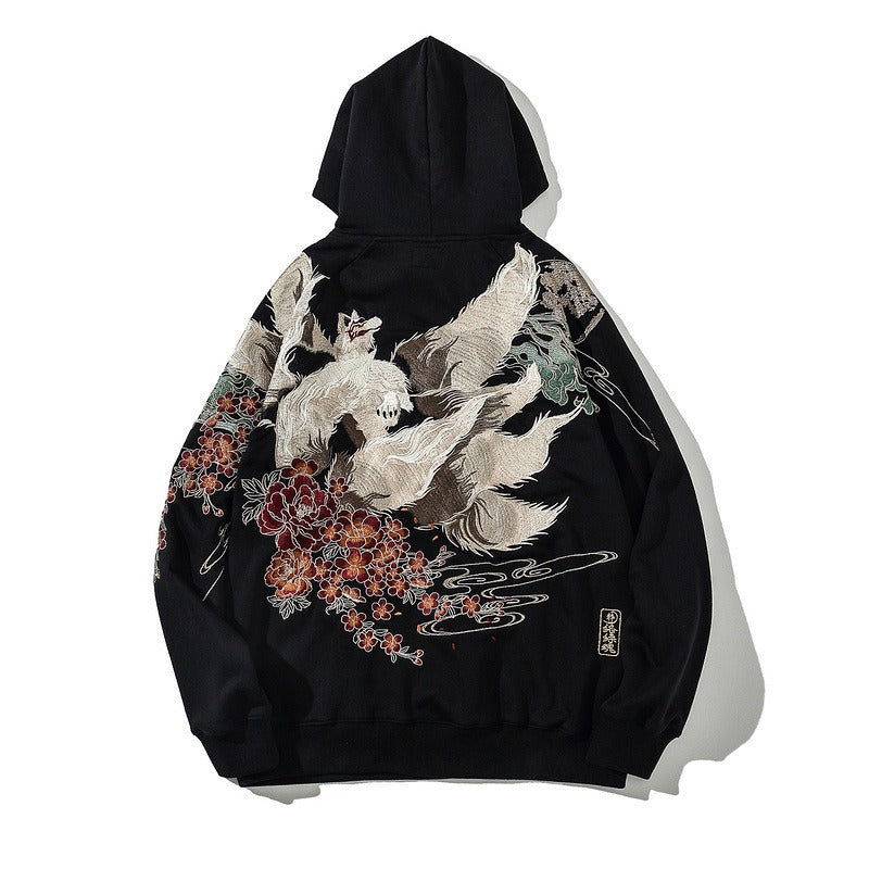 Nine tailed fox embroidered hoodie for young Yokosuka trendy men's top versatile