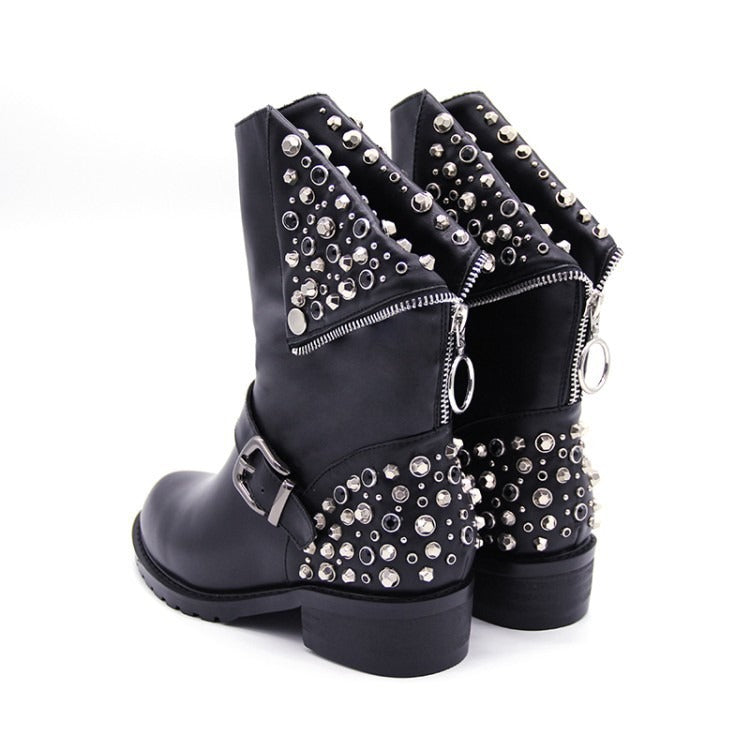 Rivet punk women's leather boots and shoes