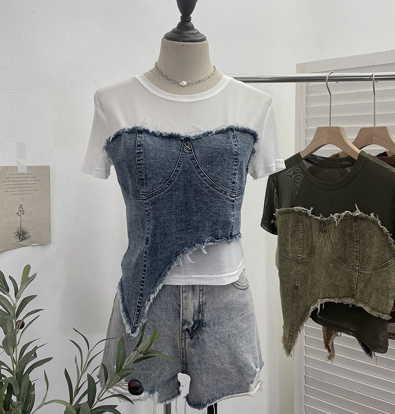 Cowboy patchwork mesh short sleeved t-shirt summer outfit irregular high waisted slim fit top