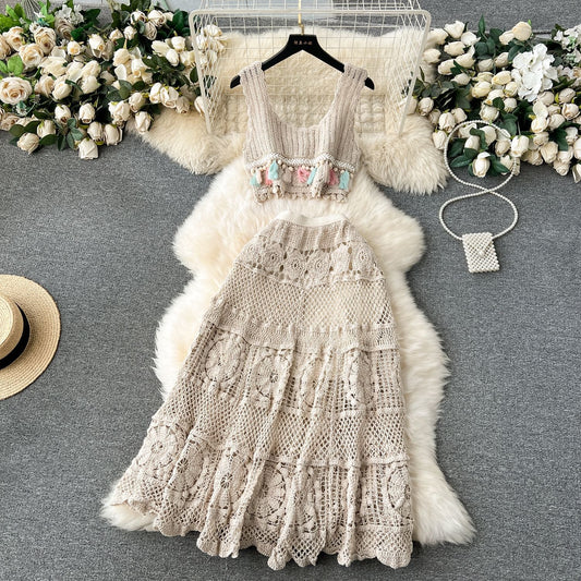 Retro Bohemian Knitted Set Women's Lace Sleeveless Tank Top+High Waist Mesh Hook Flower Long Skirt