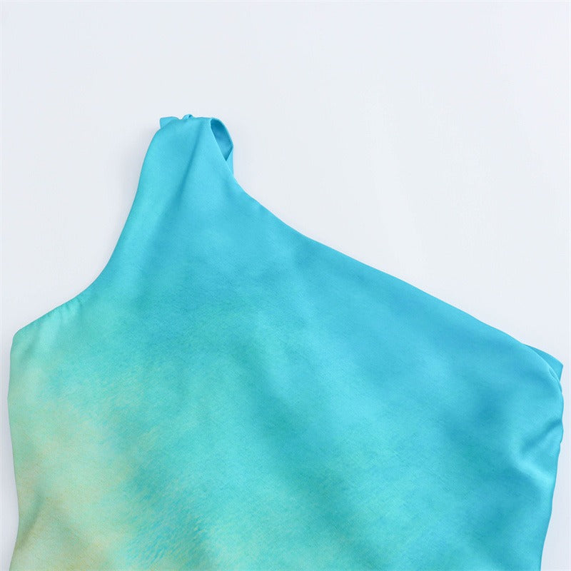 Silk textured diagonal shoulder sexy tie dye dress