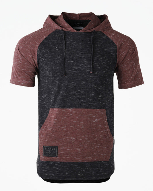 ZIMEGO Men's Short SleeveRaglan Hoodie With Curved Hem - Black / Maroon